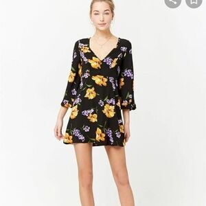 FOREVER 21 black mustard purple vibrant floral boho dress size medium